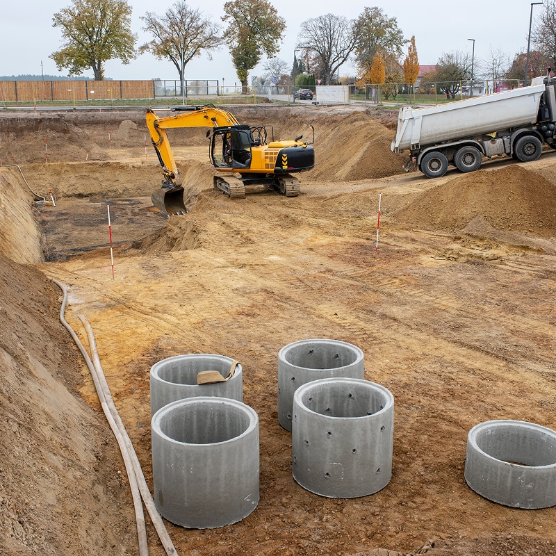 Excavateur jaune creusant sur un chantier avec anneaux en béton au premier plan et camion benne en arrière-plan.